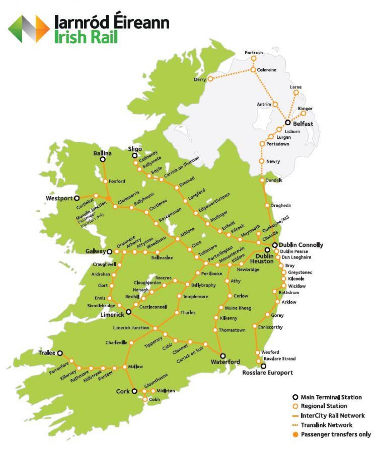 железопътен транспорт в Ирландия картата